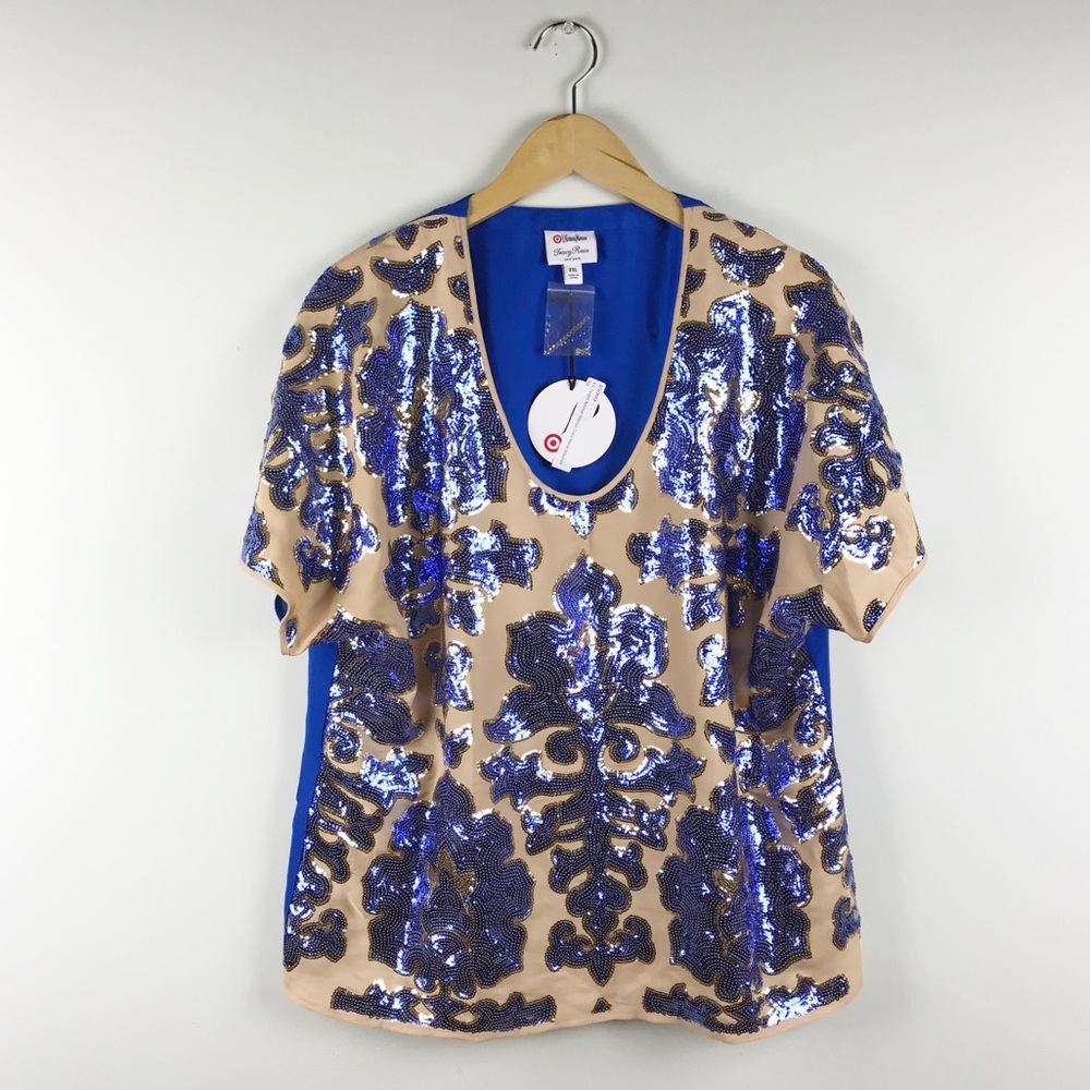 Tracy Reese Beige Blouse with Blue Sequin Embellishment